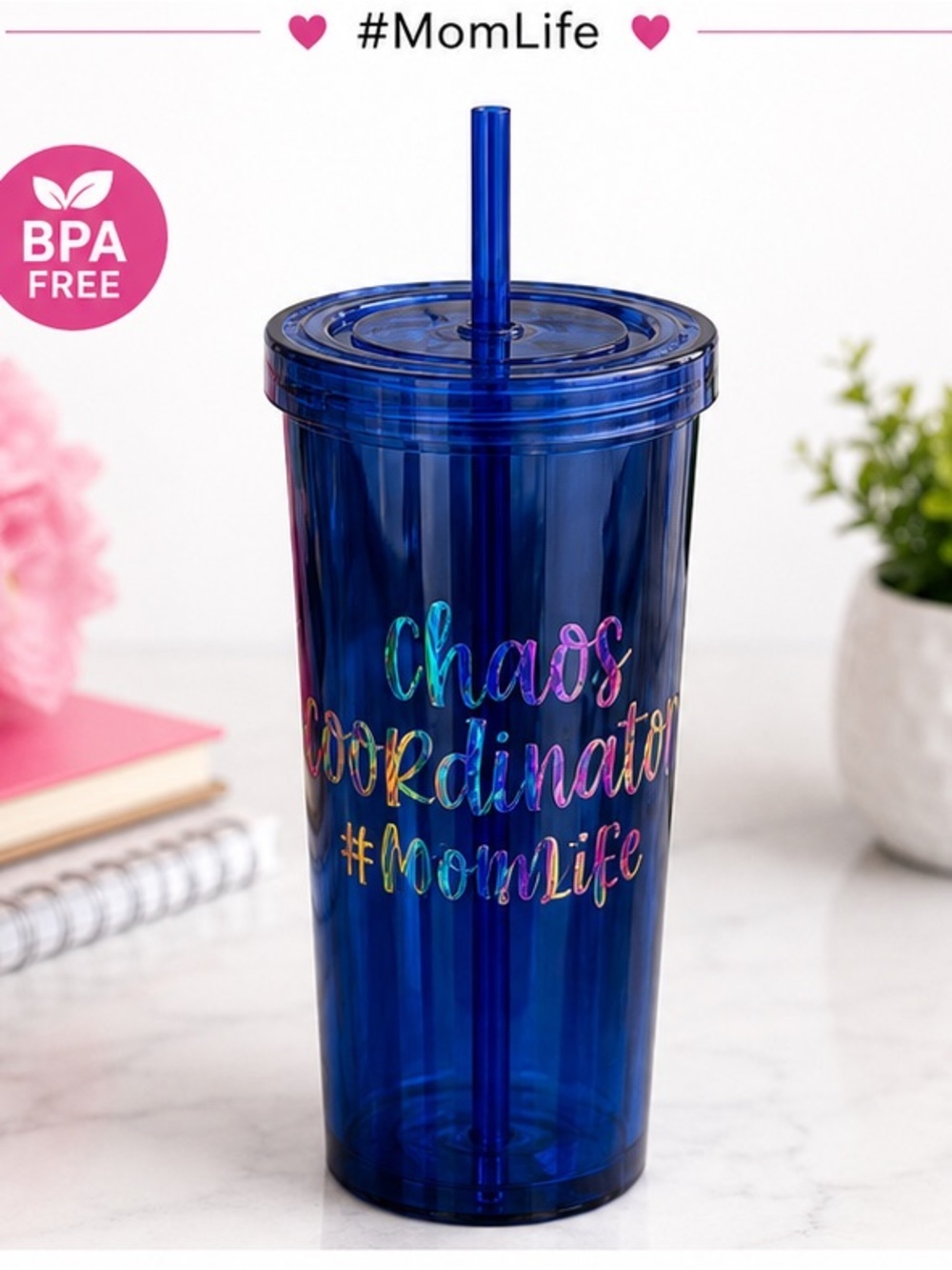 Hand Crafted Blue Reflective Tumbler with Multicolor Script